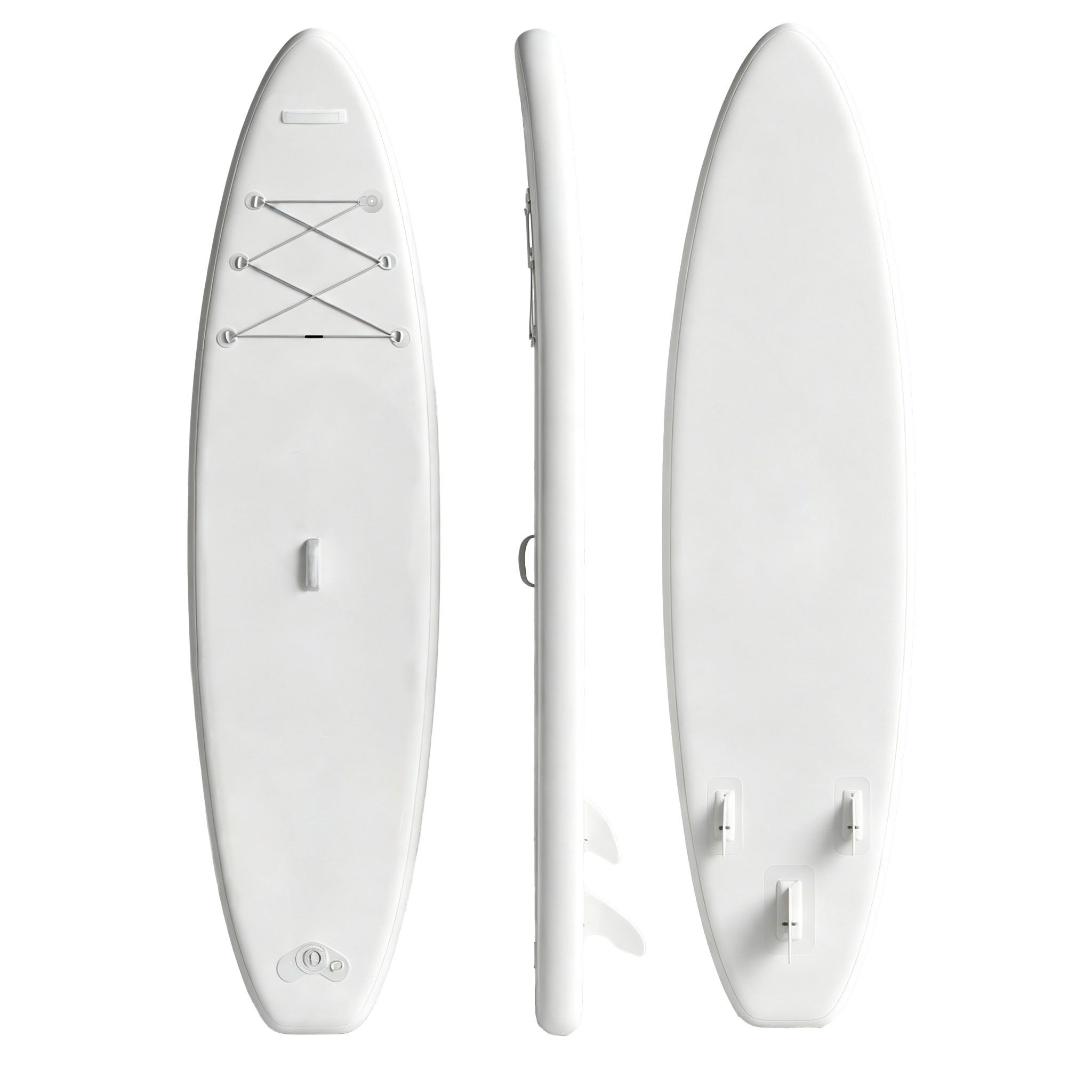 Three views of a blank white inflatable paddle board.