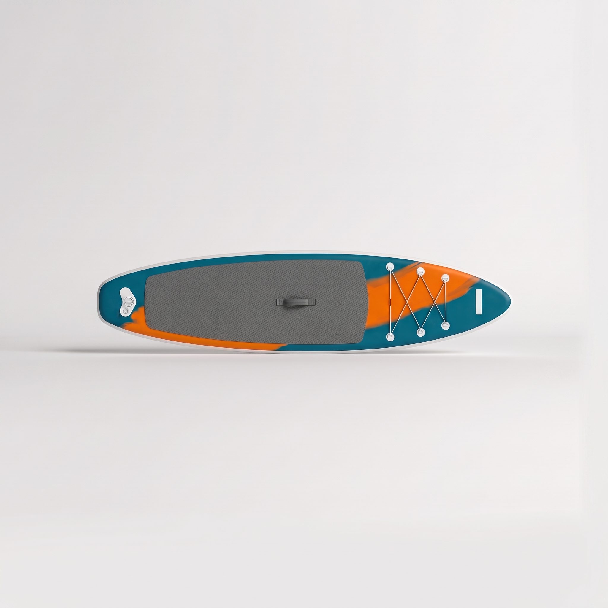 Paddle board deck covered by a bold abstract graphic.