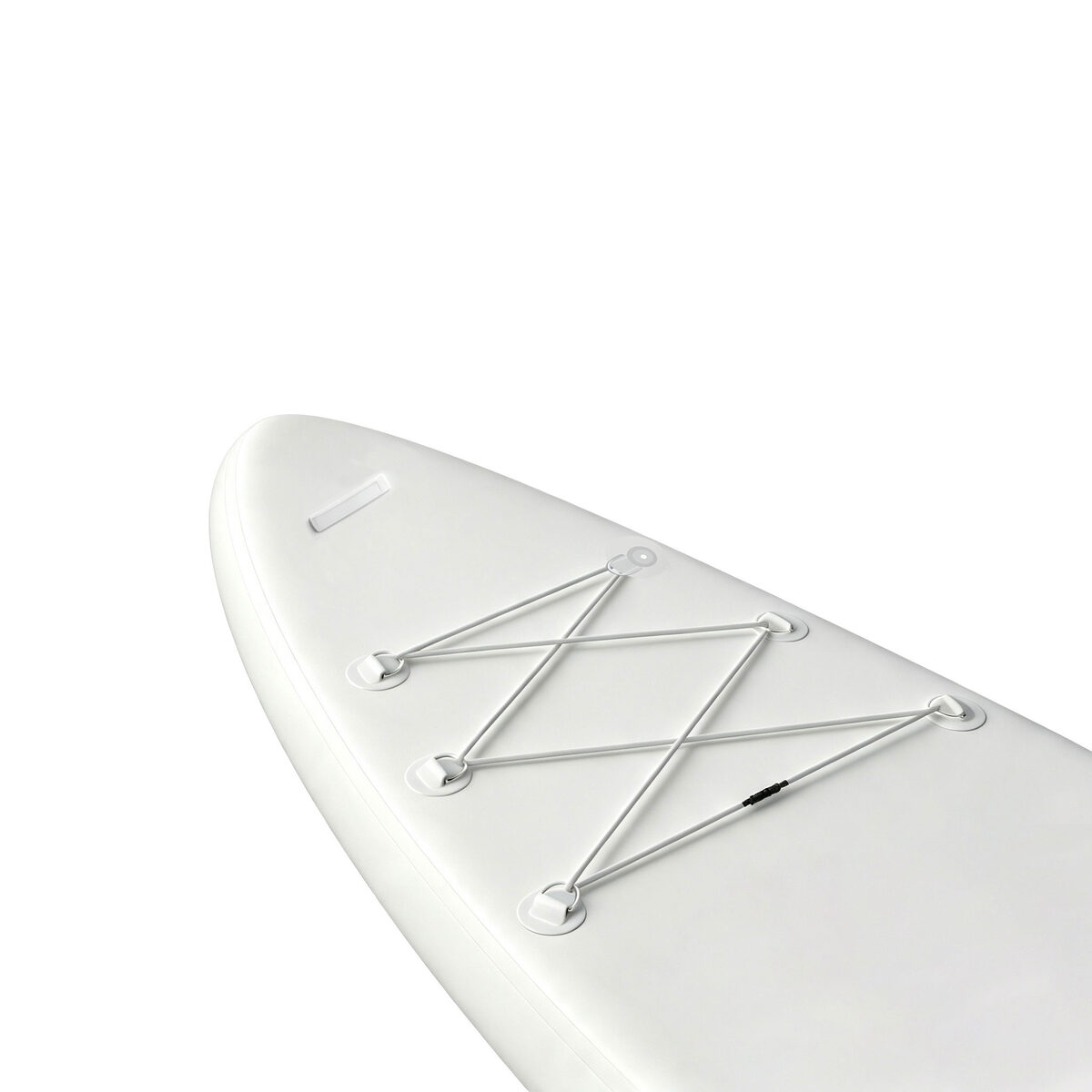 Close-up of the nose of an unbranded white paddle board, showing the handle, D-rings and front bungee cord.
