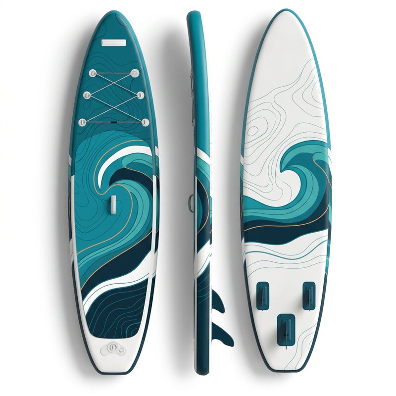 Concept graphic: flowing wave lines in teal and white across a board deck.